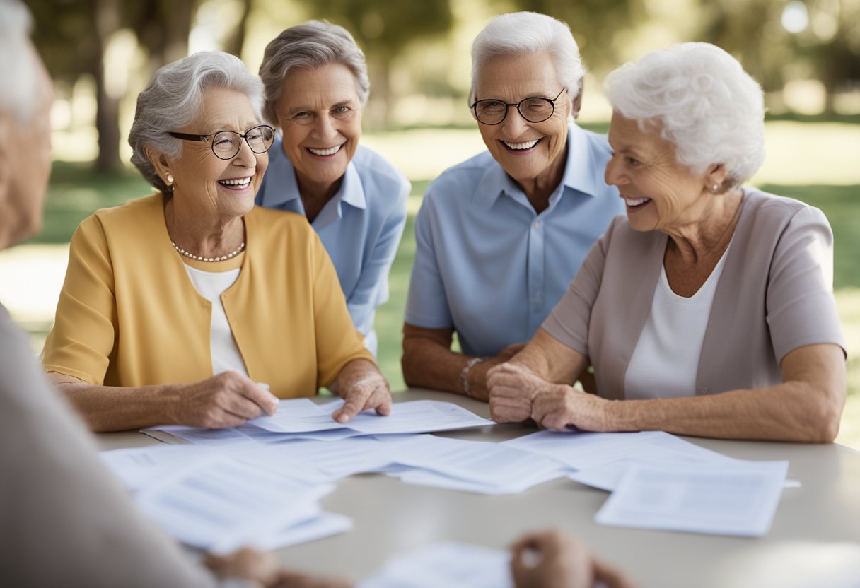A group of seniors at the park all with beautiful healthy smiles