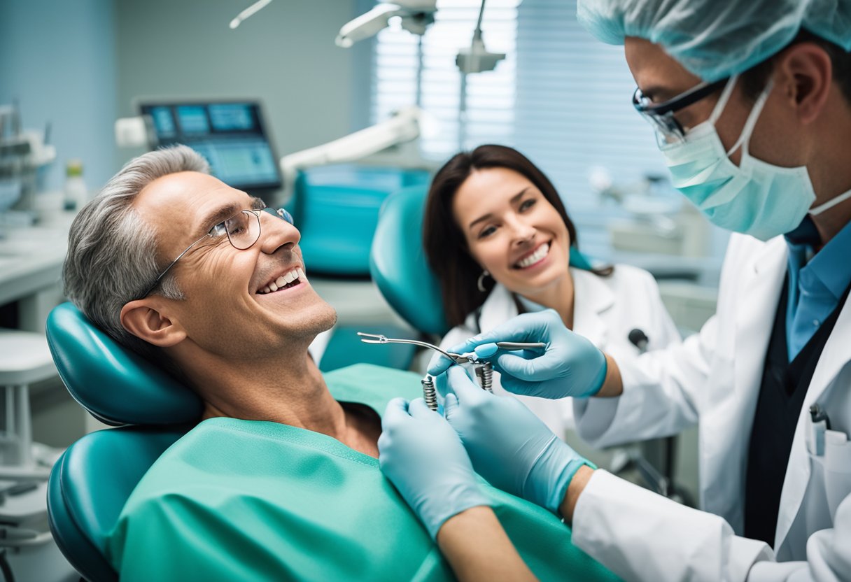 man-gray hair-smiling-dentist-chair Man around 50 smiling in dentist chair while talking to dentist